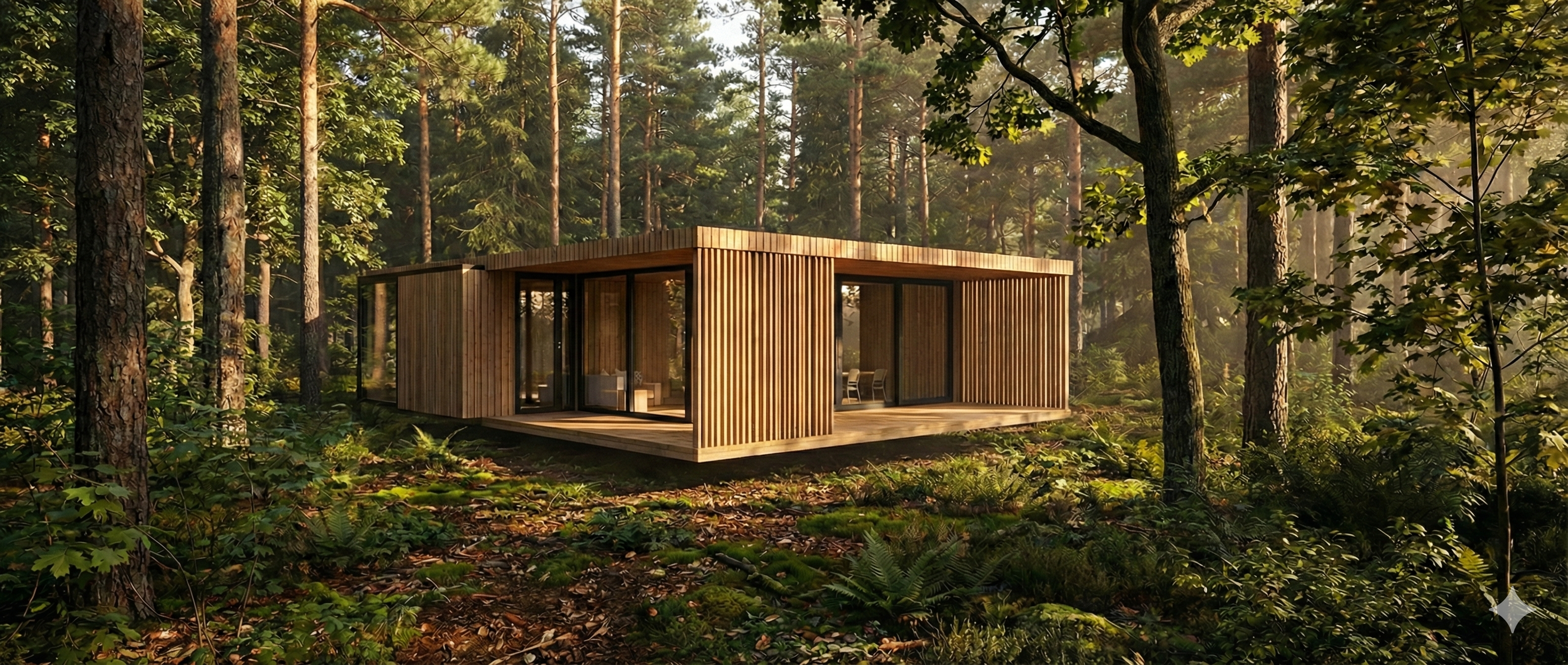 Современный дом с панорамным остеклением в лесу